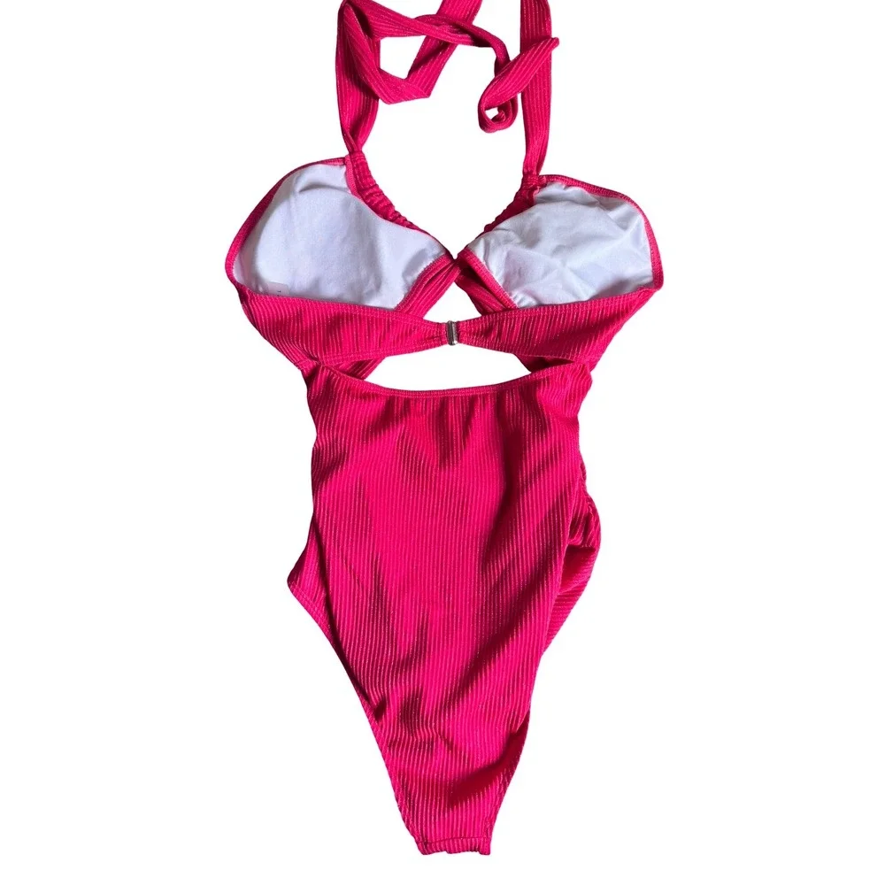 Ribbed One Piece Swimsuit Cut Out Tie Halter‎ Hot Pink Swimwear